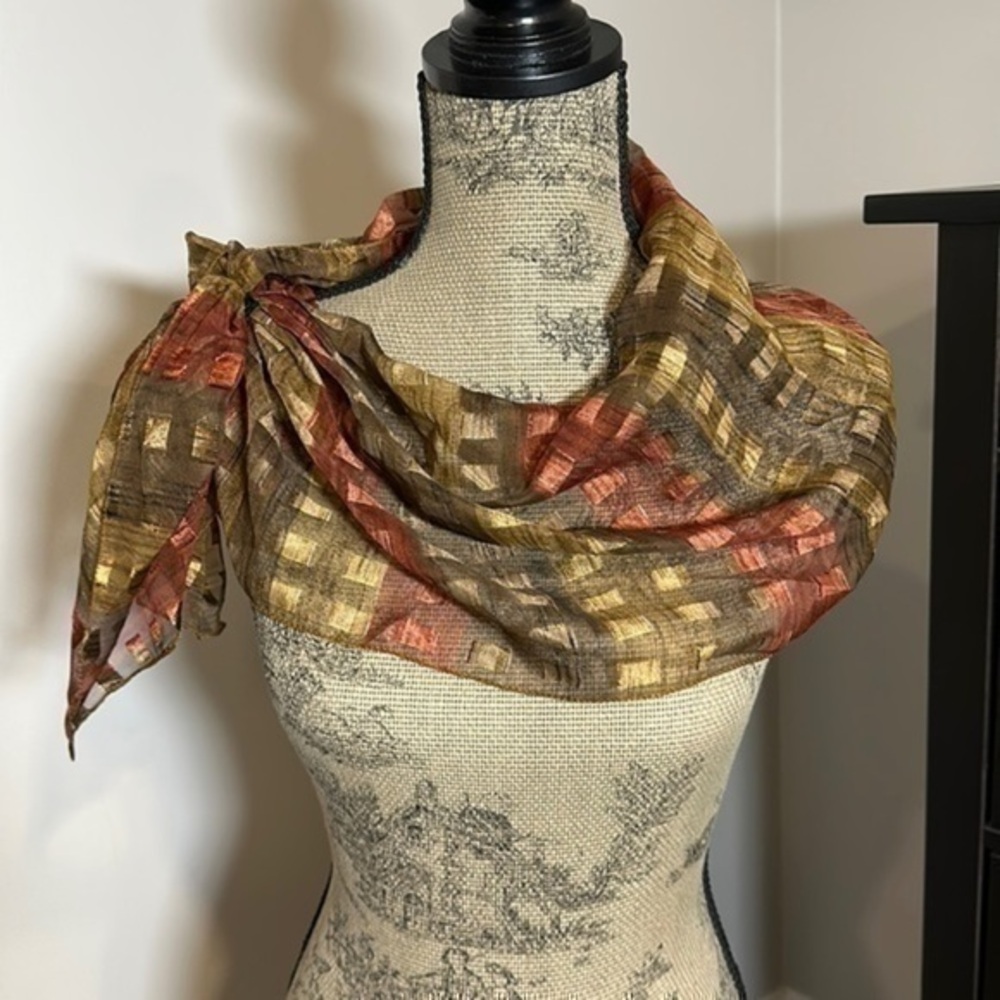 Handcrafted vintage red/gold lightweight polyester scarf 14x42”